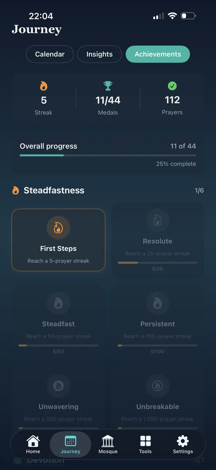 Achievements screen showing streaks, total prayers and medals earned across categories