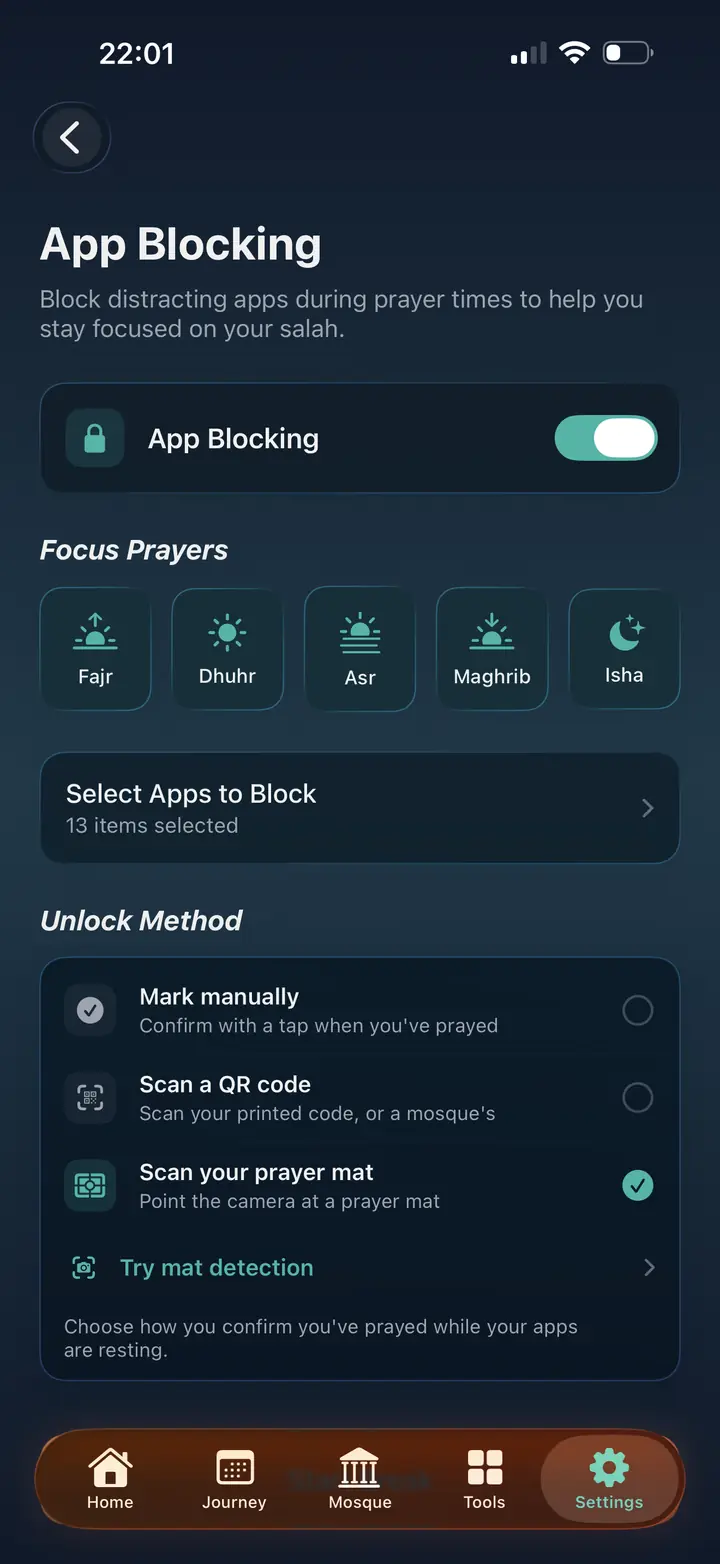 Prayer Focus settings showing app blocking during prayer times, with unlock by prayer mat scan or QR code