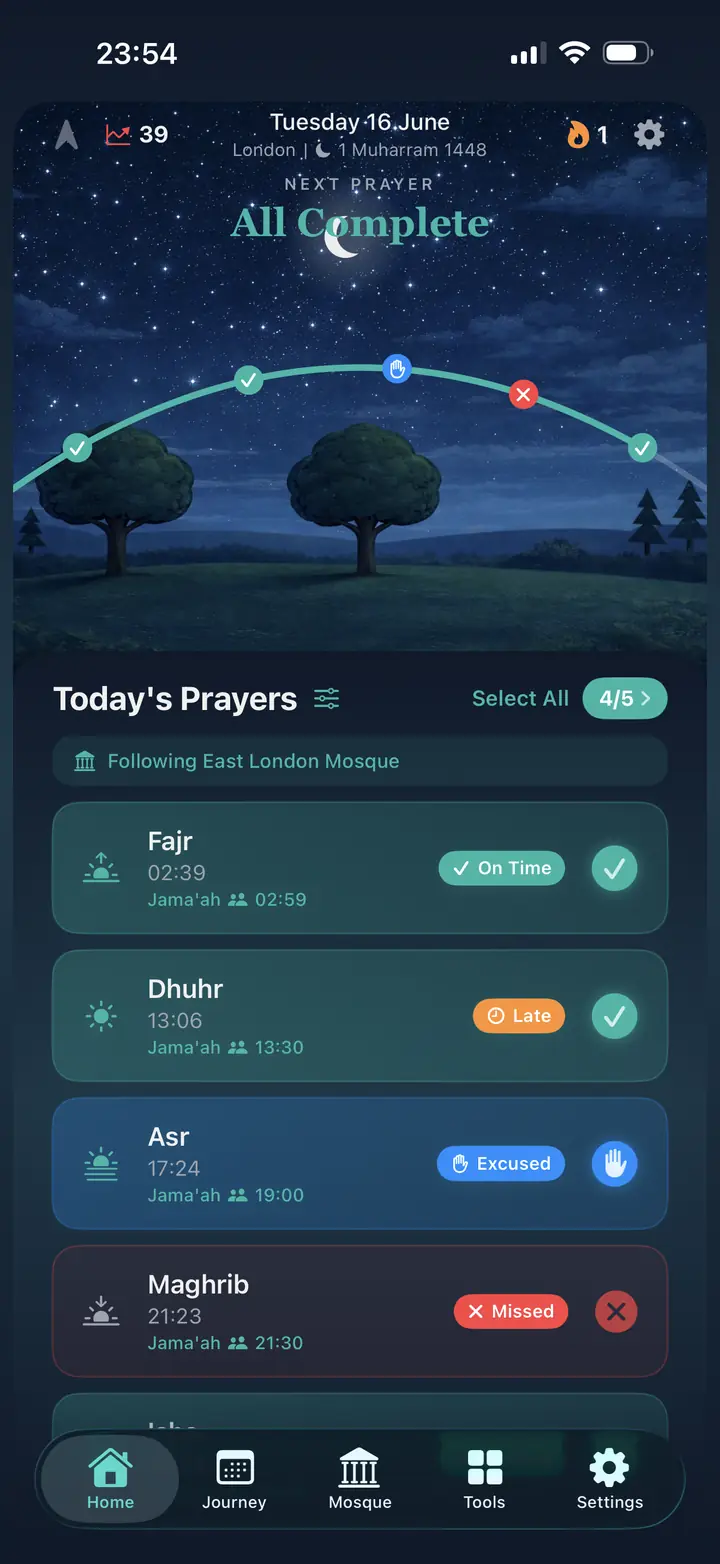 Salah Habit home screen: a living garden under a night sky with the daily prayer arc, and today's five prayers listed below