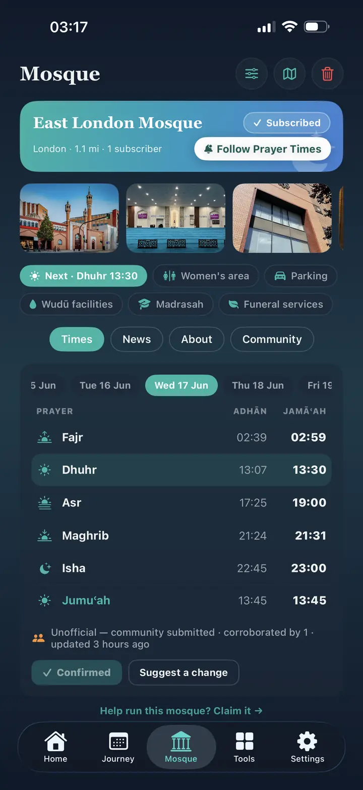 Mosque tab showing East London Mosque with an adhan and jama'ah timetable, facilities and community info