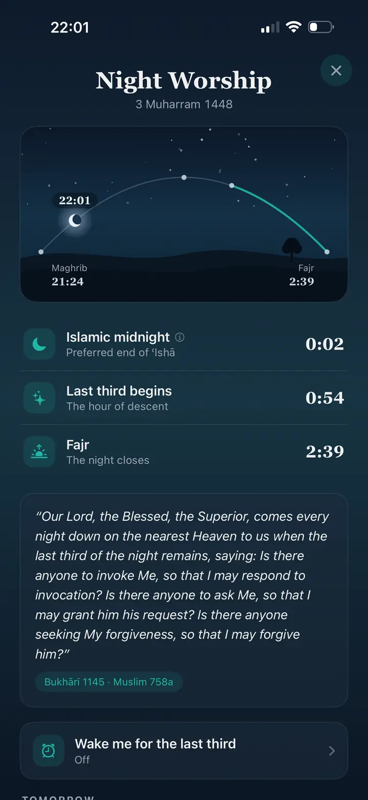 Night Worship screen with the Maghrib to Fajr arc, Islamic midnight, the last third of the night and a wake alarm