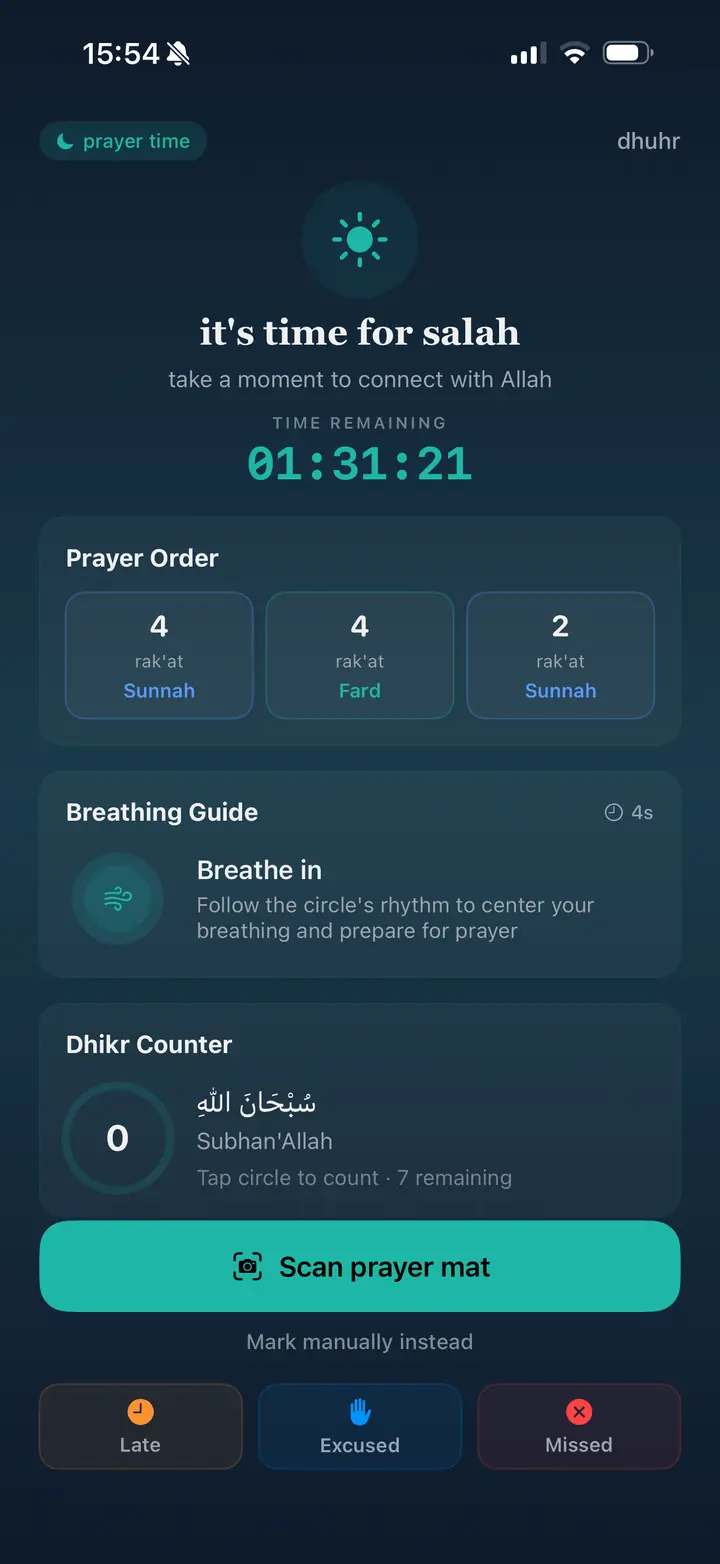 Prayer time screen saying it's time for salah, with rakʿāt order, breathing guide and dhikr counter