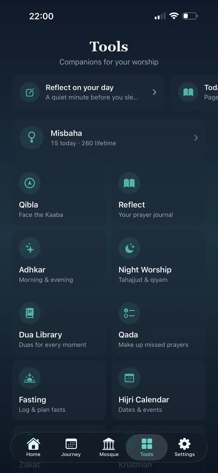 Salah Habit Tools tab showing a grid of worship tools including Misbaha, Adhkar, Dua Library, Qada, Fasting and Night Worship