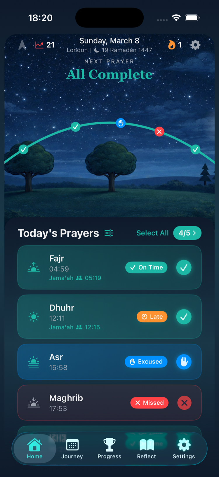 Salah Habit home screen showing daily prayer tracking