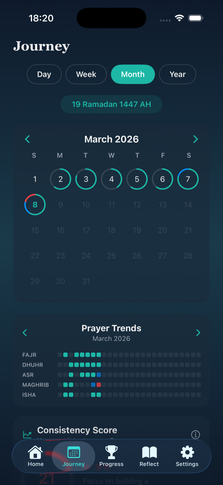 Journey screen with prayer calendar