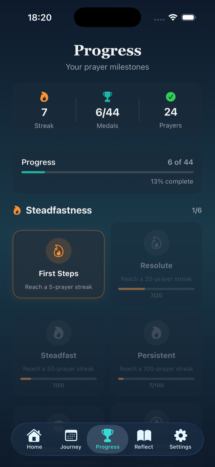 Progress screen with milestones